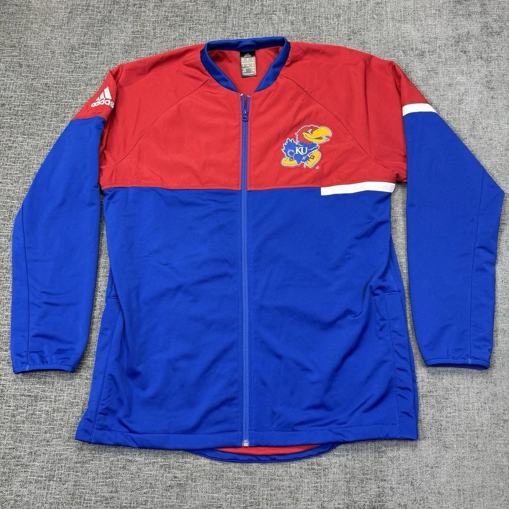 Adidas Kansas Jayhawks Jacket Men's XL Red Blue Full Zip Sideline Snap Warm Up